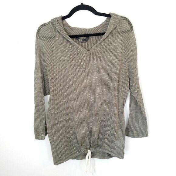 SJS Open Knit Lightweight Moss Green 3/4 Sleeve Cropped Drawstring Hoodie Shirt - Picture 1 of 7